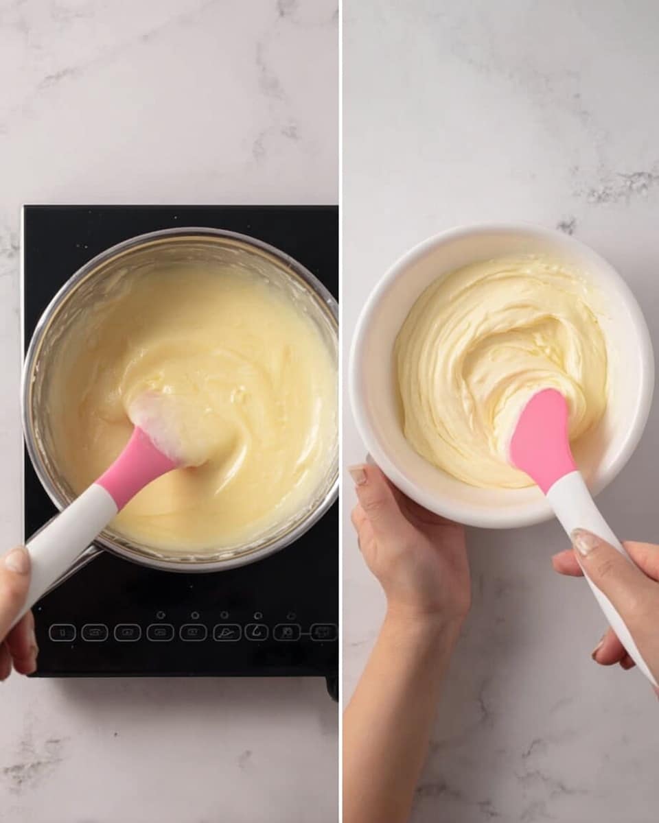 The image shows two parts: on the left, a silver pot on a black stove with creamy, pale-yellow thick mixture being stirred by a pink spatula held in a woman's hand; on the right, a white bowl containing a smooth, fluffy cream of the same pale-yellow color, being mixed again with the pink spatula in a woman's hand over a white marbled surface. The mixture in both containers has a soft, smooth texture. Photo taken with an iphone --ar 4:5 --v 7