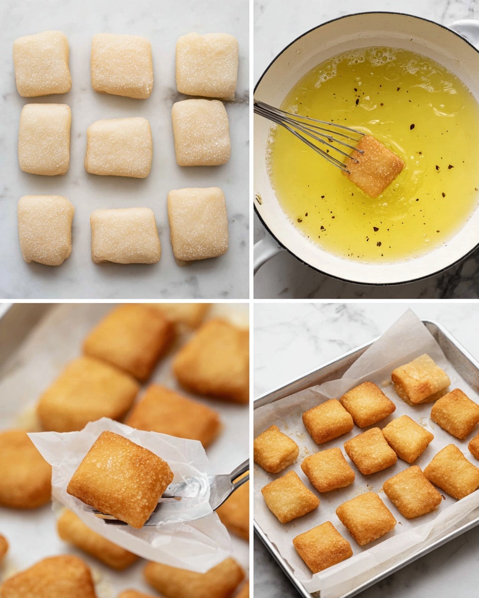 The image shows four steps of making fried dough squares. The first step features pale, beige square dough pieces with small dark specks, arranged separated on a white marbled surface. The second step shows a white pan filled with hot yellow oil and three dough squares frying, one being lowered by a fork. The third step shows a close-up of one browned fried square being lifted from the oil with a piece of parchment paper using a metal fork. The last step displays a white tray lined with parchment paper holding several evenly spaced, golden-brown fried dough squares. Photo taken with an iphone --ar 4:5 --v 7