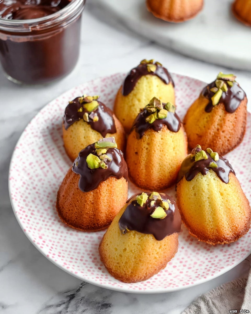 The image shows seven small madeleine cakes arranged on a white plate with a subtle pink dotted pattern. Each cake has two visible layers: the bottom layer is a golden-brown baked cake with a soft texture, and the top part is dipped in shiny dark chocolate that covers about one-third of the cakes. On the chocolate layer, there are small uneven chunks of light green pistachios scattered on top. The plate is set on a white marbled surface, and there is a glass jar with dark chocolate spread in the background. photo taken with an iphone --ar 4:5 --v 7