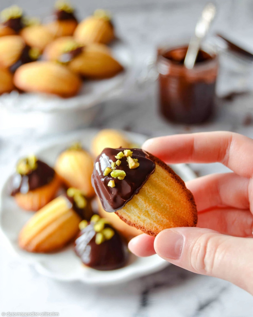 A woman's hand holds a small golden madeleine cake with one side dipped in dark chocolate, topped with small light green nut pieces. In the background, there is a white plate filled with more madeleines, all showing the same chocolate and nut topping. There is a small clear jar filled with dark chocolate sauce and a spoon inside it, blurred out but visible, placed on a white marbled surface. The photo is bright and focused on the madeleine in the hand, with soft lighting and a shallow depth of field. Photo taken with an iphone --ar 4:5 --v 7