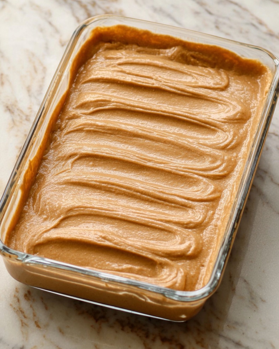 A rectangular glass baking dish filled with a smooth, light brown batter that has been spread evenly to the edges, with visible gentle ridges running lengthwise across the surface, giving it a slightly textured look. The dish is placed on a white marbled surface with soft natural light highlighting the batter’s creamy texture and subtle glossy finish photo taken with an iphone --ar 4:5 --v 7