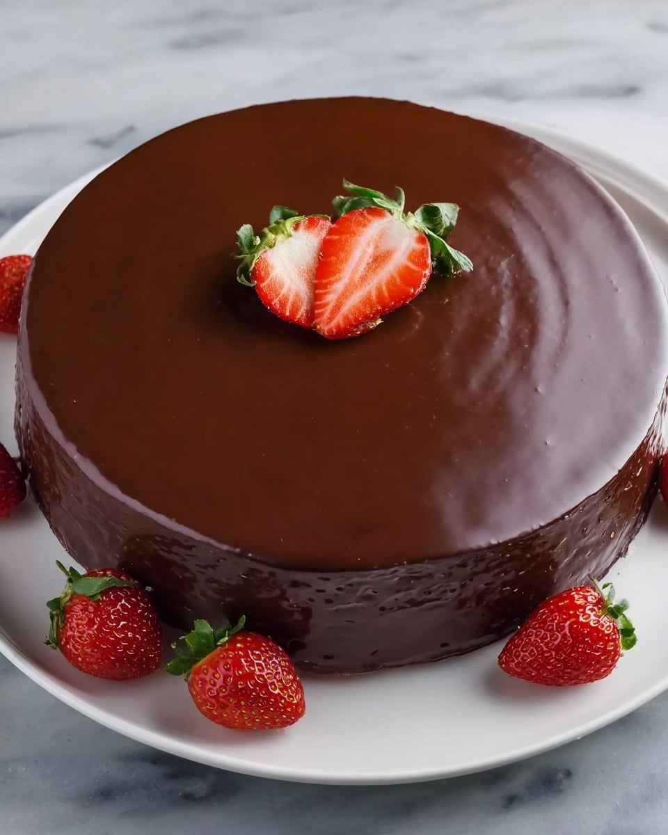 A round chocolate cake with shiny, smooth chocolate glaze covering the top and sides, creating a rich dark brown layer. The cake has one main layer, fully covered by the thick chocolate. On top, there is a sliced strawberry with bright red and white tones and green leaves placed in the center. Around the white plate, there are three whole strawberries with green leaves, adding a fresh red contrast. The cake and plate sit on a white marbled surface. photo taken with an iphone --ar 4:5 --v 7
