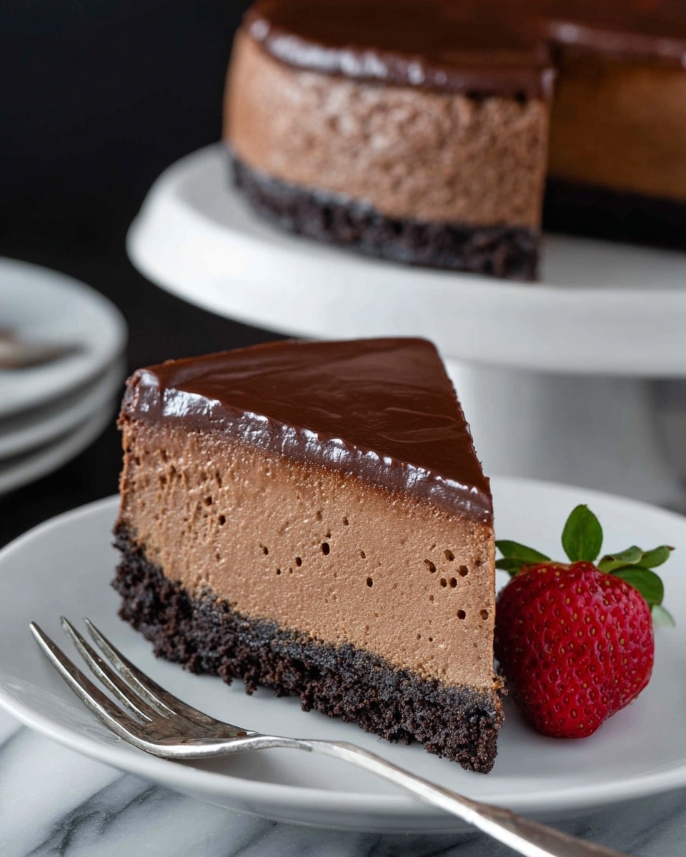 A single slice of three-layer chocolate cheesecake is shown on a white plate with a silver fork beside it. The bottom layer is a dark, crumbly chocolate cookie crust. The middle layer is a thick, smooth, light brown chocolate cheesecake with some small air holes. The top layer is a thin, glossy, darker chocolate ganache spread evenly over the cheesecake. A whole red strawberry with some green leaves sits next to the slice on the plate. The setting includes a white marbled surface and a dark background with part of the whole cheesecake visible on a white cake stand in the back. Photo taken with an iphone --ar 4:5 --v 7