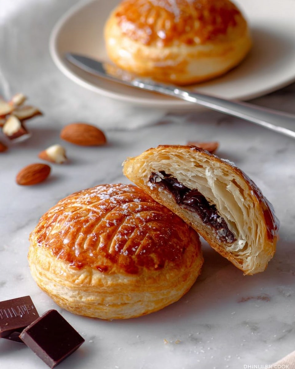 The image shows two golden brown, round pastries with a shiny, flaky crust. One pastry is whole, and the other is cut in half, revealing layers of light, soft dough on the outside and a dark chocolate filling in the center. The pastries are placed on a white marbled surface, with a small piece of dark chocolate and some whole and sliced almonds nearby. In the background, there is a white plate holding the other whole pastry, with a silver knife resting on the plate. The texture of the crust appears crispy and slightly puffed, with a detailed pattern on top. The lighting highlights the glossy finish of the pastries. Photo taken with an iphone --ar 4:5 --v 7