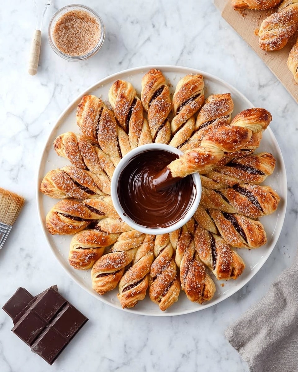 A round twisted pastry wreath is arranged neatly on a white plate placed on a white marbled surface. The pastry is golden brown with sugar sprinkled on top and has darker chocolate swirl lines running through each twisted strip, creating a sunburst pattern. In the center of the plate is a small white bowl filled with smooth chocolate sauce, and one twisted pastry strip is dipped into the sauce, extending from the center bowl outward. Around the plate are a small white measuring cup filled with cinnamon sugar, a round sugar pastry, two small square pieces of dark chocolate, and a paintbrush with a wooden handle. photo taken with an iphone --ar 4:5 --v 7