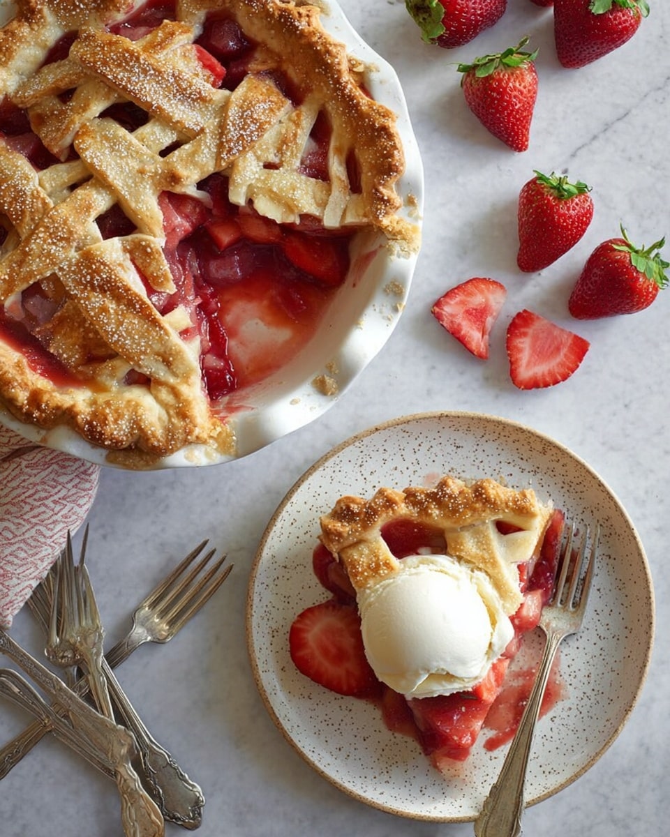 The image shows a white pie dish filled with a strawberry pie that has a golden-brown lattice crust sprinkled with sugar. The pie crust is thick and flaky, with some edges slightly crimped. Inside the pie, visible beneath the lattice, is a chunky, bright red strawberry filling. A white plate with a speckled light brown pattern holds a single slice of the pie, topped with a round scoop of creamy vanilla ice cream that is melting slightly onto the crust and filling layers. A silver fork rests on the plate, with a small bite of pie on its tines. Around the dish and plate, there are fresh whole and halved strawberries placed on a white marbled surface, accompanied by three vintage forks arranged nearby. Photo taken with an iphone --ar 4:5 --v 7