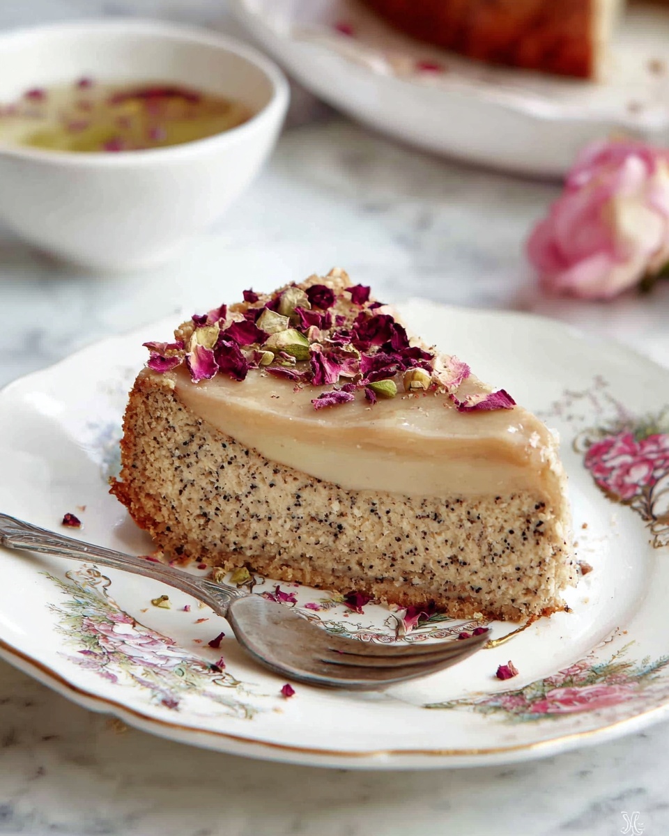 A slice of textured cake with two layers sits on a decorative white plate with floral patterns edged in gold. The bottom layer is thick and speckled with dark flecks, looking soft yet firm. On top, a smooth, lighter creamy layer rests, topped by a pale glossy or slightly shiny layer that looks moist. Around the slice, small dried rose petals add a pop of red and purple color on the plate and cake. A silver fork is placed near the front edge of the plate. Behind the plate, a white bowl with liquid and some rose petals can be seen on a white marbled surface. The photo taken with an iphone --ar 4:5 --v 7