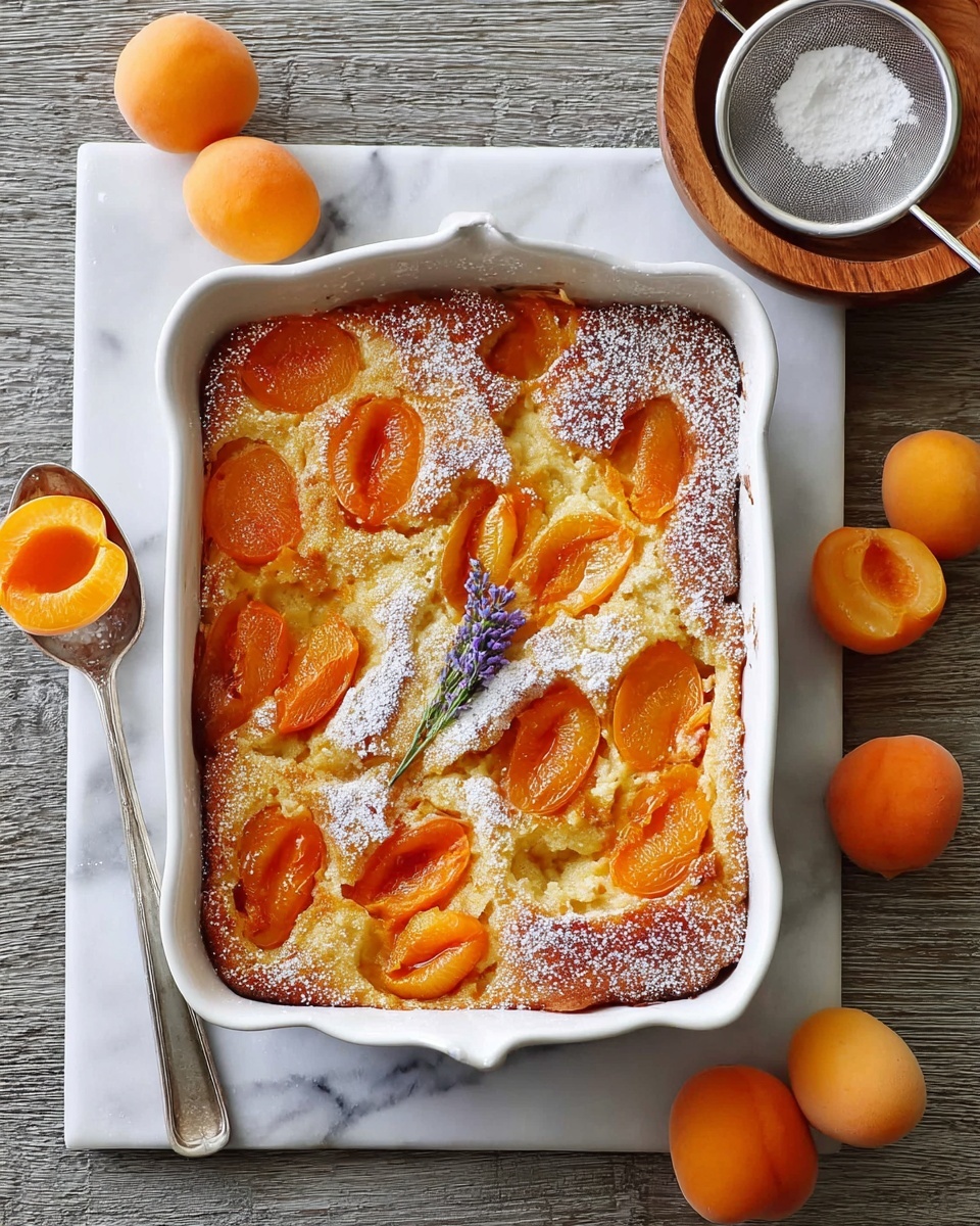 A white rectangular dish holds a baked dessert with a golden brown base layer topped with vibrant orange apricot slices arranged unevenly across the surface. The apricots are soft and slightly caramelized, creating a textured, glossy appearance. A light dusting of white powdered sugar covers the entire top layer, giving it a delicate, snowy feel. A lavender sprig rests in the center for decoration. The dish sits on a white marbled surface, surrounded by whole and halved apricots, a metal spoon, and a small wooden bowl holding a fine metal sieve with powdered sugar inside. Photo taken with an iphone --ar 4:5 --v 7