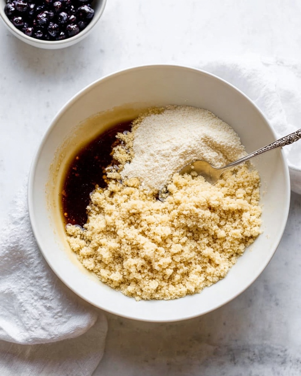 A white bowl sits on a white marbled surface. Inside the bowl, there are three main layers of ingredients: a dark brown syrup-like liquid on the left side, a heap of coarse white granulated sugar on top right, and a pale yellow floury ingredient in the bottom right. A spoon with a detailed handle rests in the bowl, partly submerged in the ingredients. In the second image, the same bowl on the white marbled surface shows the ingredients mixed into small crumbly pieces with a light tan color. The spoon is still in the bowl, scooping some of the crumbly mixture. A soft white cloth is placed beside the bowl, and a small bowl of dark blueberries can be seen at the top edge of the frame. Photo taken with an iphone --ar 4:5 --v 7