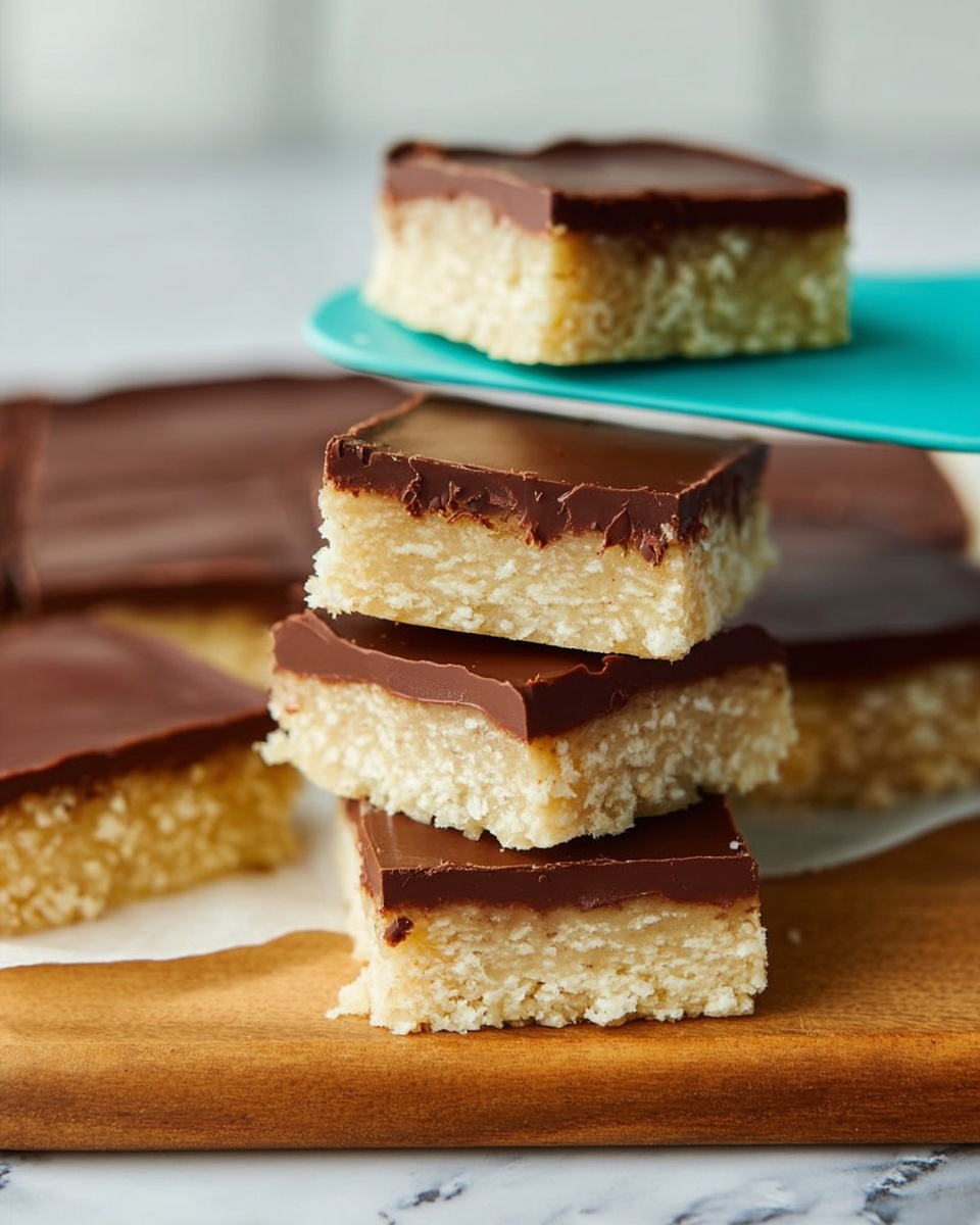 The image shows several square treats with two clear layers placed on a wooden surface with a white marbled background. The bottom layer is thick and pale golden, looking crunchy and light. The top layer is a smooth, even coat of dark brown chocolate, slightly glossy and firm. One square piece is held above the others on a teal spatula, showing the clean, straight edge of the chocolate and the textured bottom layer clearly. The treats are stacked close together, emphasizing the sharp edges and contrast between the light base and dark chocolate top photo taken with an iphone --ar 4:5 --v 7