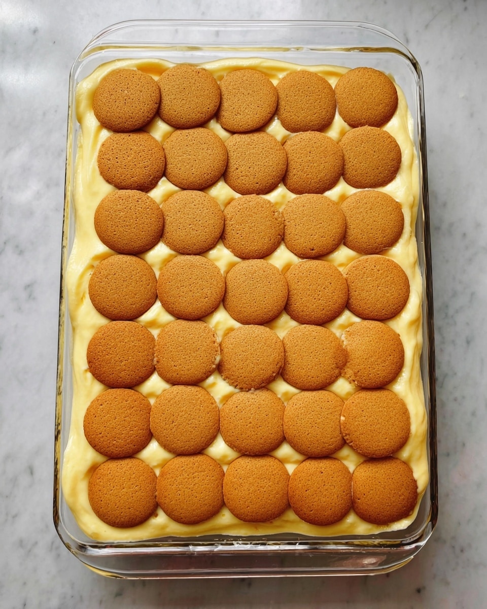 The image shows a clear glass rectangular dish filled with two layers: the bottom layer is a creamy, pale yellow pudding spread evenly across the base, with a smooth and slightly glossy texture, and the top layer consists of round golden brown cookies placed closely in a grid pattern to cover the pudding evenly, some cookies at the edges are whole and a few are broken to fit the shape of the dish. The dish is placed on a white marbled surface. photo taken with an iphone --ar 4:5 --v 7