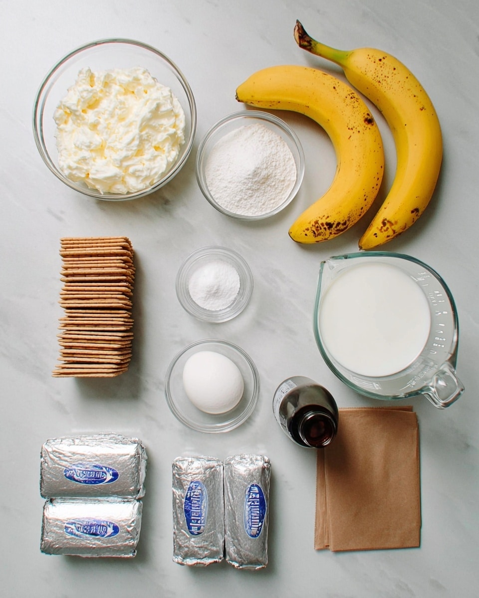 The image shows various baking ingredients arranged neatly on a white marbled surface. There are two ripe yellow bananas with brown spots placed near the top right. Below them is a stack of light brown rectangular crackers standing upright. Next to the bananas, on the right, is a clear measuring cup filled with milk. Towards the bottom right is a small brown paper packet. Two rectangular silver foil-wrapped butter blocks lie side by side diagonally at the bottom center. To the left of the butter, there is a small clear bowl filled with white sour cream and above it, another small bowl contains white flour. Above the flour are two small bowls filled with white granulated sugar and white powdered sugar respectively. Above these bowls and to the left, a medium glass measuring cup holds melted butter. Next to the melted butter is a dark glass bottle with a blue label. Near the center, two white eggs sit inside a small clear bowl. The photo is taken with an iphone --ar 4:5 --v 7