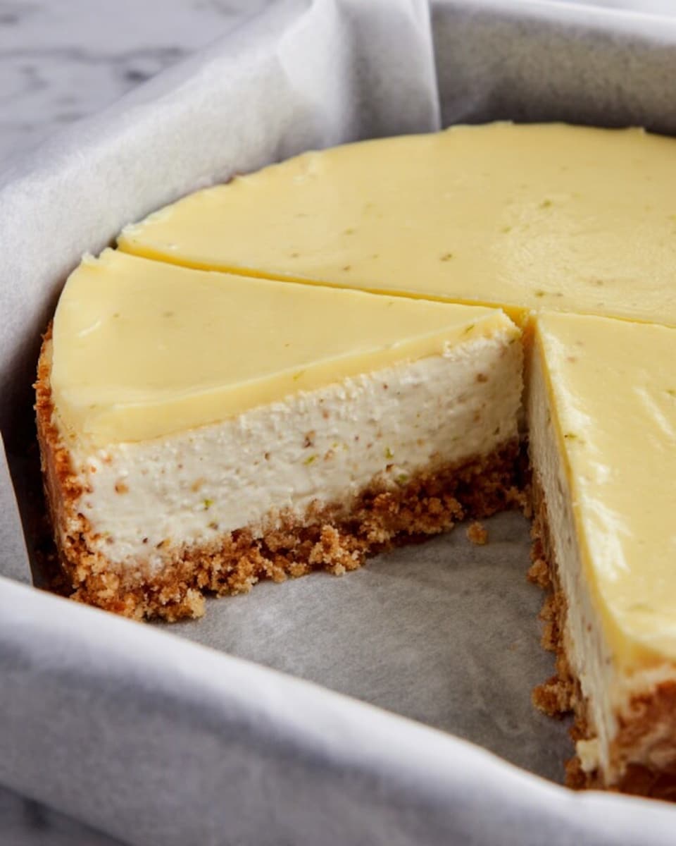 This image shows a cheesecake with three clear layers inside a white baking pan lined with parchment paper. The bottom layer is a crumbly, golden-brown crust. The middle layer is thick, creamy, and off-white with small bits of something mixed in. The top layer is smooth, shiny, and pale yellow, covering the entire cheesecake evenly. A large slice has been removed, revealing these layers clearly. The cheesecake sits on a white marbled surface. Photo taken with an iphone --ar 4:5 --v 7