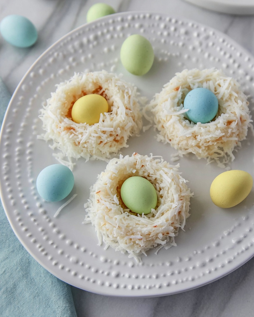 The image shows small round nests made from white shredded coconut, arranged on a white plate with a dotted edge. Each nest has a rough, textured surface from the coconut flakes and is hollow in the center, holding three small smooth eggs in pastel colors: yellow, green, and blue. The plate is placed on a white marbled surface, and a few pastel eggs are scattered around the nests. The lighting is soft, highlighting the delicate textures and colors of the coconut nests and eggs. photo taken with an iphone --ar 4:5 --v 7