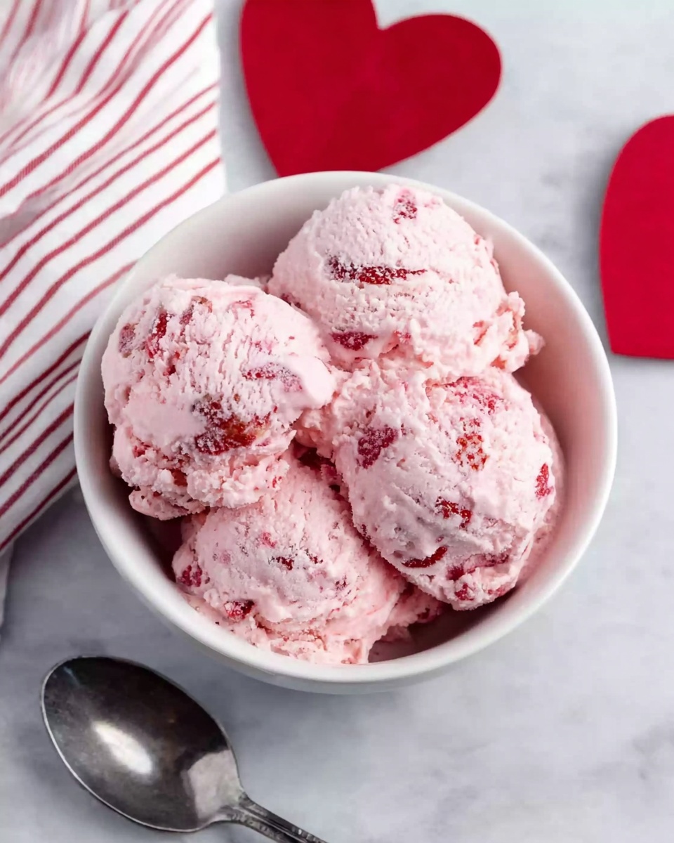 The image shows a white bowl filled with several scoops of pink strawberry ice cream with small red strawberry chunks mixed throughout. The ice cream looks soft and creamy with a slightly textured surface. The bowl is placed on a white marbled surface with red heart-shaped decorations nearby. To the left of the bowl, there is a white and red striped cloth and a silver spoon lying next to it. Photo taken with an iphone --ar 4:5 --v 7