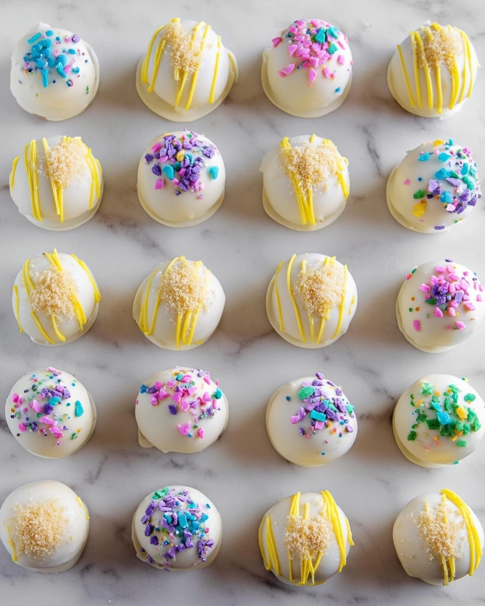 The image shows 28 small round cake balls placed neatly on a white marbled surface in 4 rows of 7. Each cake ball is covered in smooth white icing and decorated with colorful sprinkles or light yellow drizzle. The sprinkles come in various shapes and colors like blue, purple, pink, green, and yellow. Some cake balls have a crumbly beige topping while others are topped with thin yellow lines of icing. The overall look is bright and festive, with the cake balls evenly spaced and all similar size. photo taken with an iphone --ar 4:5 --v 7