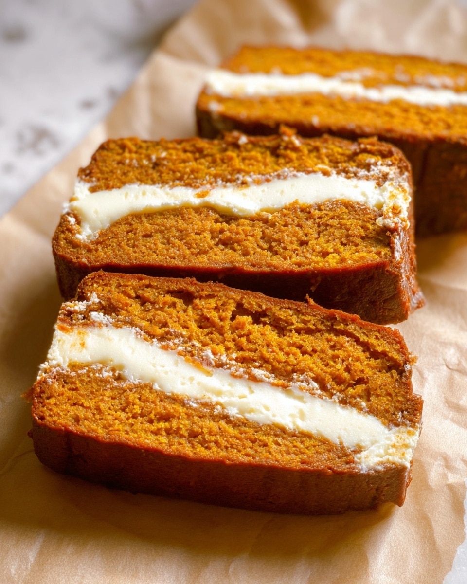 The image shows three thick slices of pumpkin bread with a creamy white layer in the middle, placed on light brown parchment paper over a white marbled surface. Each slice has two layers of moist, orange-brown pumpkin bread with a smooth, slightly shiny cream cheese filling layer running through the center. The texture of the bread looks soft and spongy, while the cream cheese layer is smooth and dense. The background features a white white-marble pattern with soft natural light illuminating the bread and highlighting its texture. photo taken with an iphone --ar 4:5 --v 7
