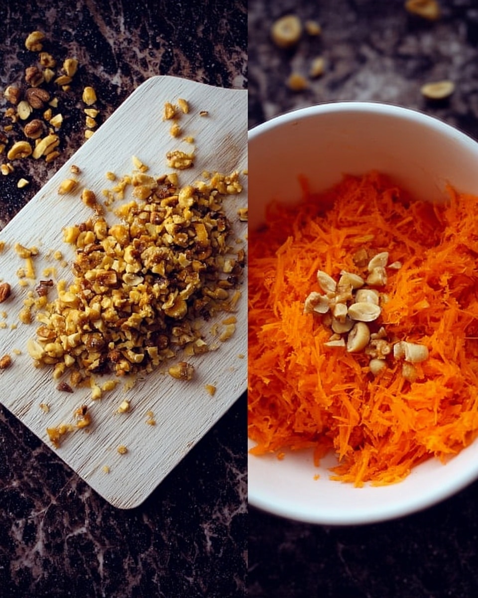 The image shows two close-up views side by side. On the left side, there is a white wooden board with a pile of chopped nuts in the center, with more whole nuts scattered around on a dark surface. On the right side, a white bowl holds bright orange shredded carrots mixed with chopped nuts on top. The textures are clear, with the roughness of the shredded carrots contrasting with the small, uneven pieces of nuts. The background and surface have a white marbled texture. Photo taken with an iphone --ar 4:5 --v 7