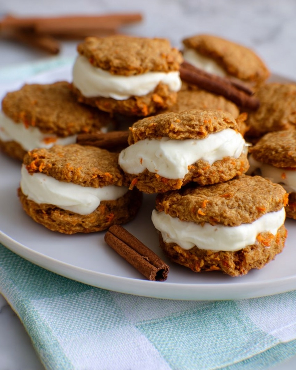 The image shows several sandwich-like cookies arranged on a white plate placed on a white marbled surface. Each cookie has two uneven, rough-textured, golden-brown layers with small orange flecks. Between the cookie layers, there is a thick white cream filling that is smooth and slightly melting on the sides. Two cinnamon sticks rest on the plate near the cookies, adding a warm brown color contrast. The background includes a soft pastel blue and white checkered cloth under the white plate. Photo taken with an iphone --ar 4:5 --v 7