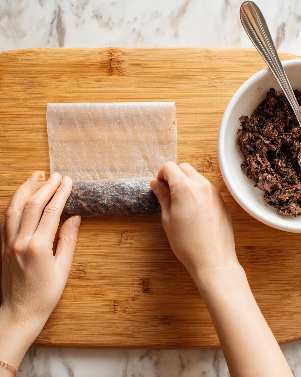 A close-up view shows two woman's hands folding a translucent, thin rice paper sheet horizontally on a wooden board with a smooth texture. At the bottom edge of the rice paper is a thick, dark brown filling with a chunky texture, which appears densely packed and slightly glossy. To the right side of the image, there is a white bowl filled with more of the same dark brown filling, shown in a coarse, textured form with a metal fork resting inside. The background surface around the wooden board is a white marbled texture. photo taken with an iphone --ar 4:5 --v 7