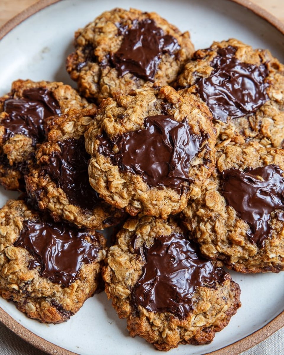 A white plate holds a pile of soft oatmeal cookies with visible shreds and chunks inside, each cookie topped with large, uneven dark melted chocolate patches that contrast with the warm brown color and slightly rough texture of the oats. The cookies overlap and touch each other in a casual heap, showing a mix of round and slightly irregular shapes on a white marbled surface. photo taken with an iphone --ar 4:5 --v 7