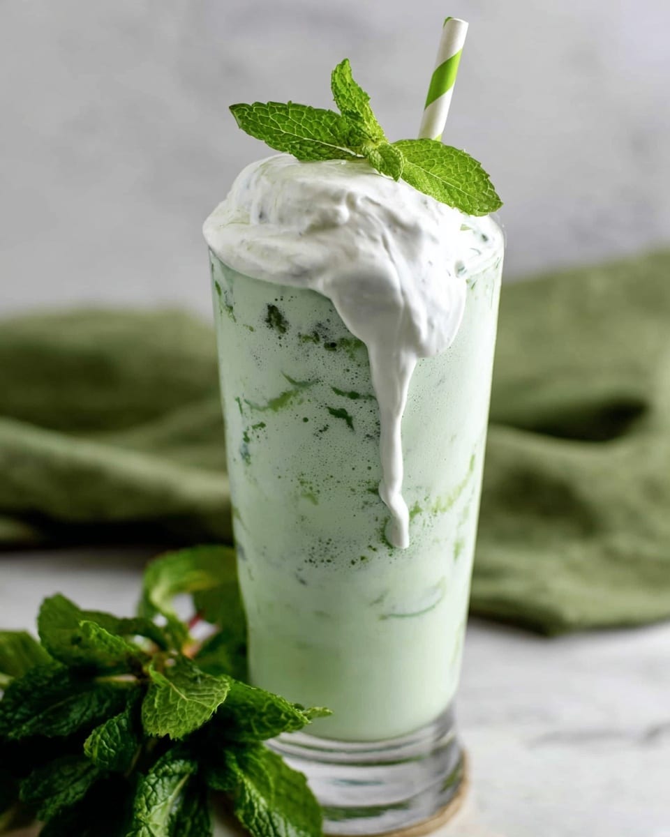 A tall clear glass is filled with a light green mint milkshake showing soft swirls of darker green and white mixed in. Thick white cream overflows on the top, dripping down one side of the glass. Two fresh bright green mint leaves and a white and green striped straw stick out from the cream on top. The glass sits on a white marbled surface with fresh green mint leaves beside it and a soft green cloth blurred in the background, photo taken with an iphone --ar 4:5 --v 7