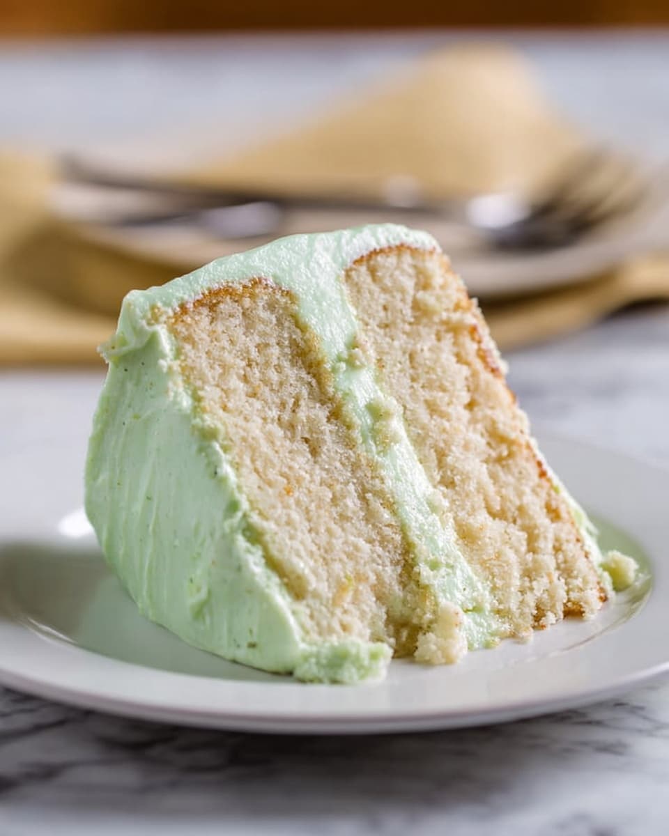 The image shows a single slice of two-layer cake on a white plate, placed on a white marbled surface. The cake has two light beige sponge layers with a soft texture, separated and covered by a smooth pale green frosting layer in the middle. The outside of the slice is evenly coated with the same light green frosting, which looks creamy and slightly textured. In the background, there is a blurred fork resting on the white marbled surface. The photo taken with an iphone --ar 4:5 --v 7