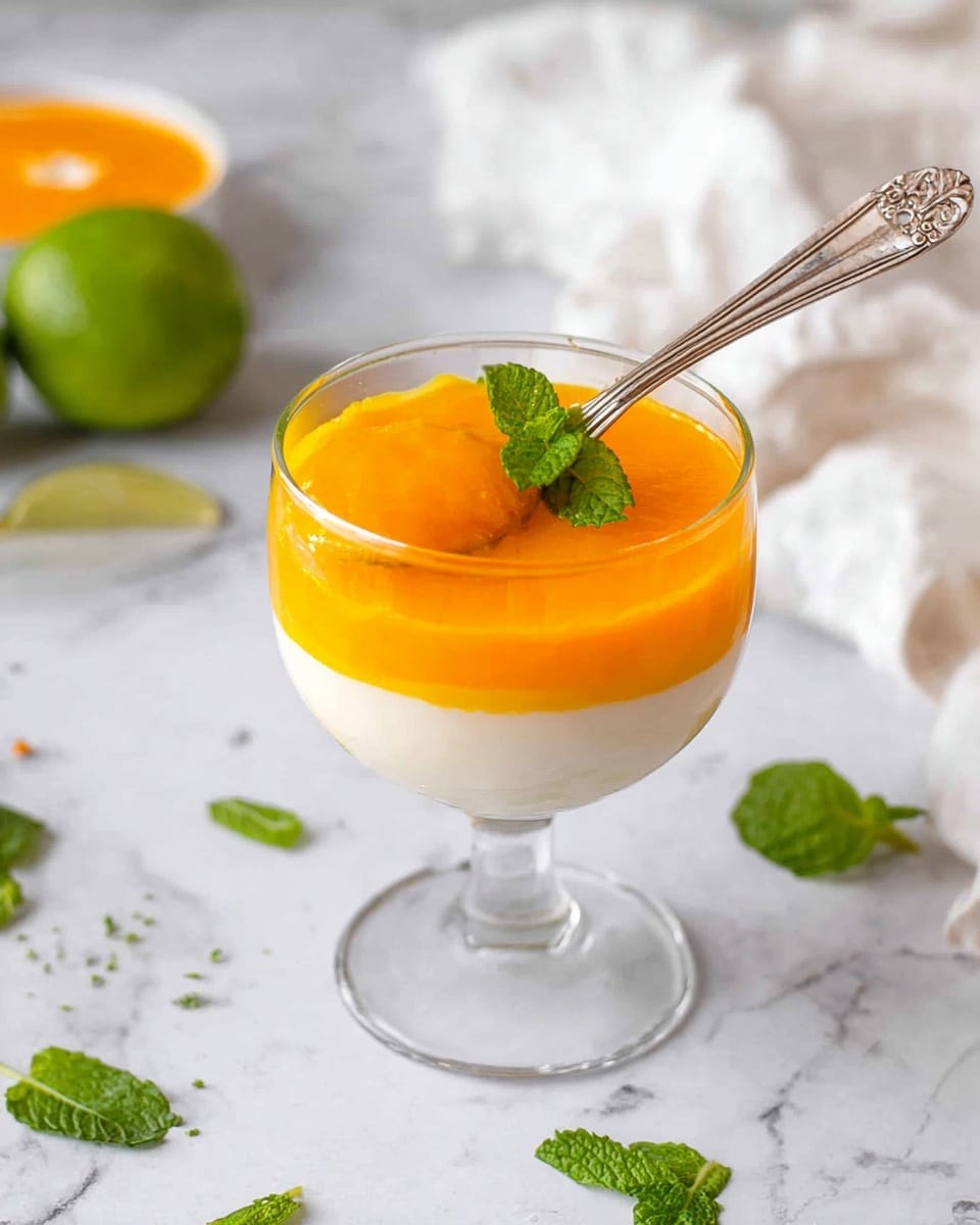 The image shows a clear glass dessert cup with two layers: the bottom layer is smooth and white, and the top layer is bright orange and slightly thick, covering most of the white layer. A silver spoon is placed inside the glass, resting against one side and partially submerged in the orange layer, with some of the orange topping on the spoon. The background is a white marbled surface with some scattered green mint leaves, a whole lime, a partially visible orange slice, and soft white cloth in the distance. Photo taken with an iphone --ar 4:5 --v 7