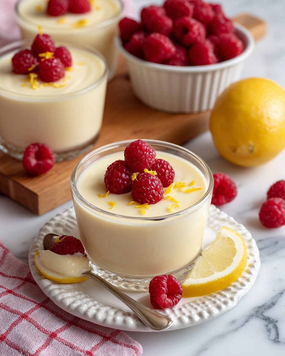 The image shows a clear glass dessert cup filled with a smooth, creamy pale yellow lemon pudding topped with three bright red raspberries and some lemon zest. A spoon scoops up a portion of the pudding inside the cup. The cup sits on a white scalloped plate with a small lemon wedge on the side. In the background, there are two more similar glass cups filled with the same pudding, each garnished with lemon zest and raspberries. Next to them is a white bowl full of fresh raspberries and a whole lemon, all placed on a wooden board. The whole scene sits on a white marbled surface with a pink and white checkered cloth nearby. Photo taken with an iphone --ar 4:5 --v 7