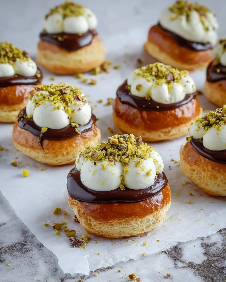The image shows several small round cream puffs arranged on parchment paper over a baking tray. Each cream puff has a light golden brown, slightly shiny pastry base. Some have a layer of dark, glossy chocolate spread neatly on top, while others do not. On top of each puff is a dollop of white cream that looks smooth and fluffy. The cream on all puffs is sprinkled with crushed greenish pistachio nuts, adding texture and color contrast. The background is a white marbled texture. photo taken with an iphone --ar 4:5 --v 7