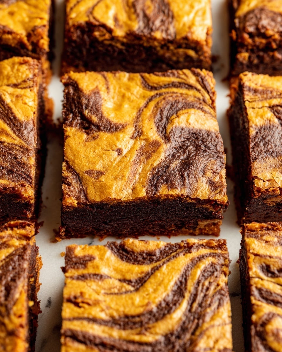 A close-up view of a baked dessert cut into square pieces, showing two main layers: the bottom layer is dark brown and dense, and the top layer is a marbled swirl of golden yellow and dark brown, creating a smooth, wavy pattern. Each square is neatly separated, and the surface looks soft and slightly textured with the swirls creating a glossy effect. The image background has a white marbled texture. photo taken with an iphone --ar 4:5 --v 7