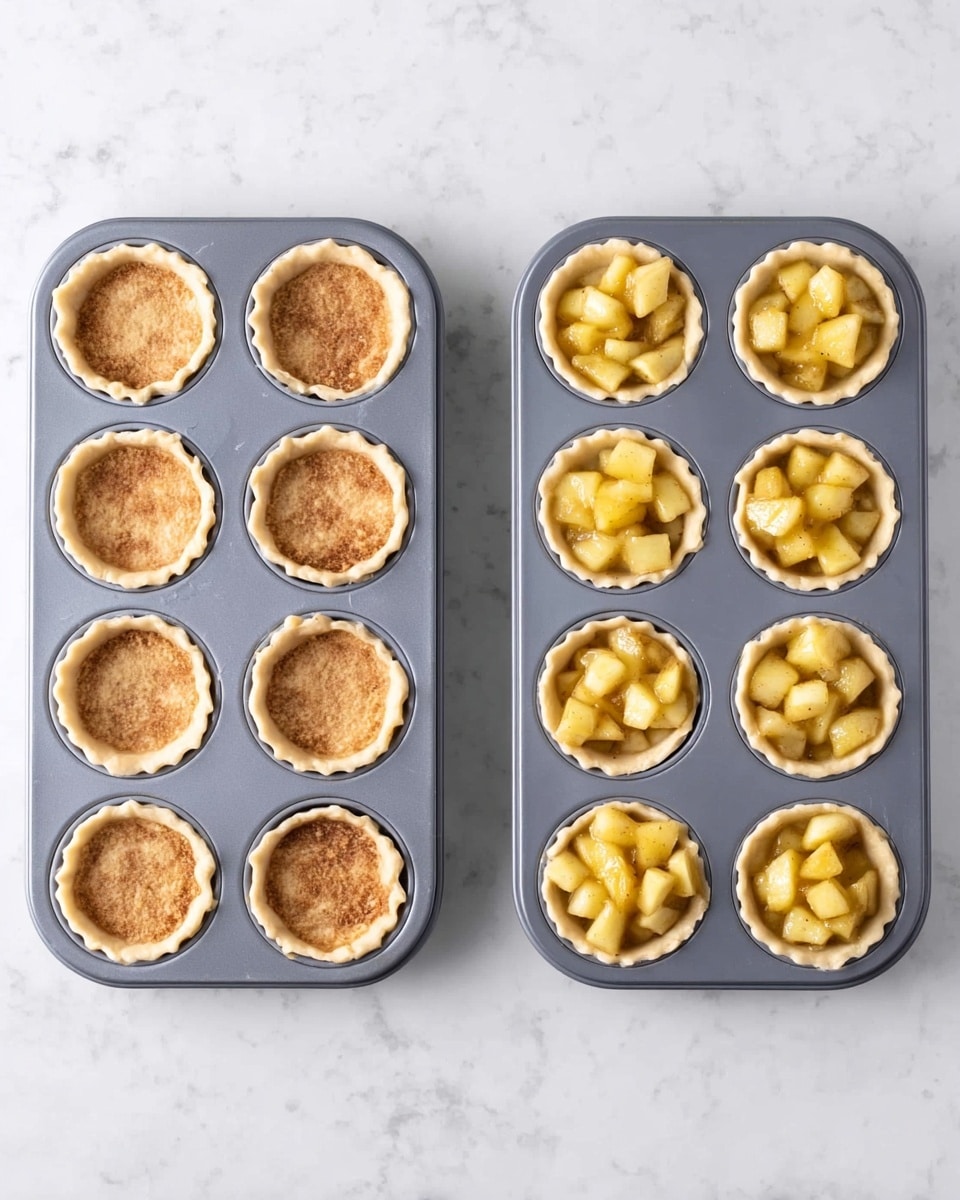 Two gray muffin trays sit side by side on a white marbled surface. The left tray holds eight empty tart shells, each shell golden brown with a textured top and pressed neatly into each tray cup. The right tray holds eight tart shells filled with small, chunky pieces of cooked apple filling that are golden yellow and glossy, filling the shells fully. Both trays have a clean, even look with two empty cups each. photo taken with an iphone --ar 4:5 --v 7
