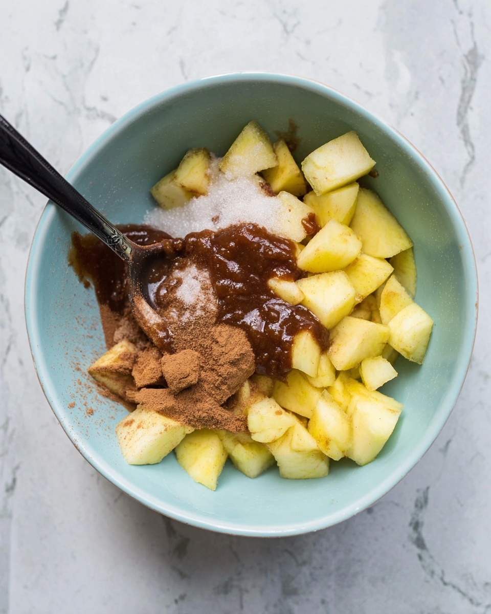A light blue bowl on a white marbled surface holds chopped yellow apple pieces mixed with white sugar, brown cinnamon powder sprinkled over them, and a dollop of dark brown sauce on top. A black spoon rests inside the bowl, partly covered by the ingredients. The colors are soft and natural, with the apple pieces forming the base layer, the sugar and cinnamon sitting lightly over the apples, and the sauce spread in the center. photo taken with an iphone --ar 4:5 --v 7
