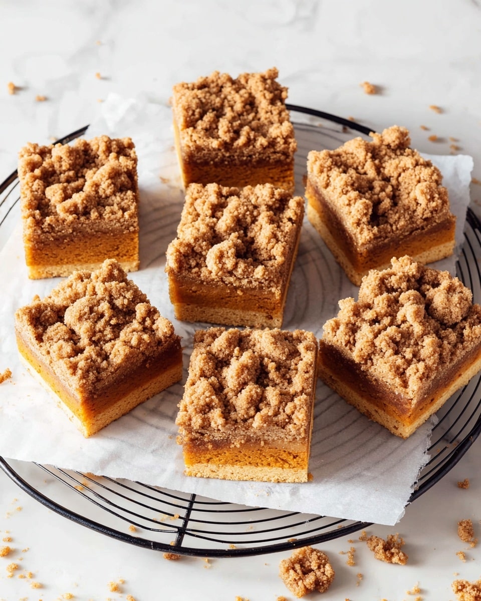 Nine square pieces of crumb-topped cake are arranged on white parchment paper over a round black metal cooling rack, set on a white marbled surface. Each cake piece has two layers: the bottom layer is a warm orange-brown sponge with a smooth texture, and the top layer is a light brown crumbly streusel topping with small uneven chunks. Two pieces show the side view clearly, highlighting the thick crumb layer sitting on top of the soft sponge. There are a few crumbs scattered around the cooling rack, adding a natural, fresh-baked feel. photo taken with an iphone --ar 4:5 --v 7