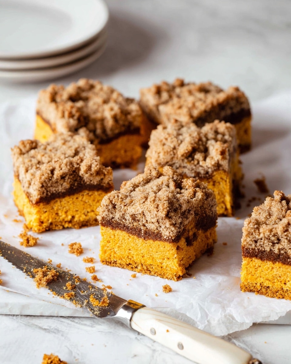 The image shows seven square pieces of a two-layered cake arranged on white parchment paper over a white marbled surface. Each piece has a bright orange bottom layer that looks soft and moist, topped by a thick, crumbly light brown streusel layer with a rough texture. The middle layer is thin and darker brown, visible between the orange and crumbly top layers. Crumbs are scattered around the pieces, and a knife with a worn white handle and serrated blade lies nearby with some crumbs on the blade. In the background, a small stack of white plates is partially visible. photo taken with an iphone --ar 4:5 --v 7