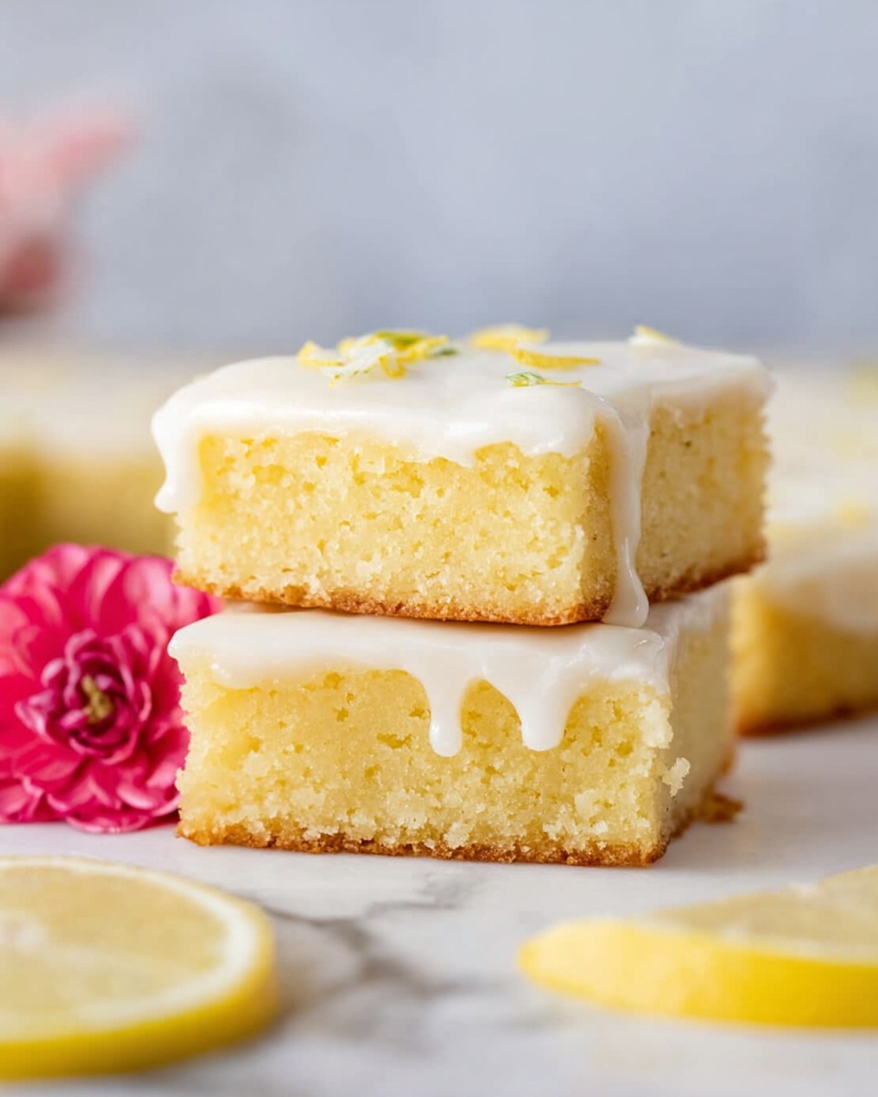 A close-up of two square lemon cake bars stacked on top of each other, each with a thick, moist, light yellow cake layer topped by a smooth, creamy white icing layer that slightly drips down the sides. The bars rest on a white marbled surface with a sliced lemon and a bright pink flower nearby in soft focus. The background is blurred with light, neutral tones. photo taken with an iphone --ar 4:5 --v 7