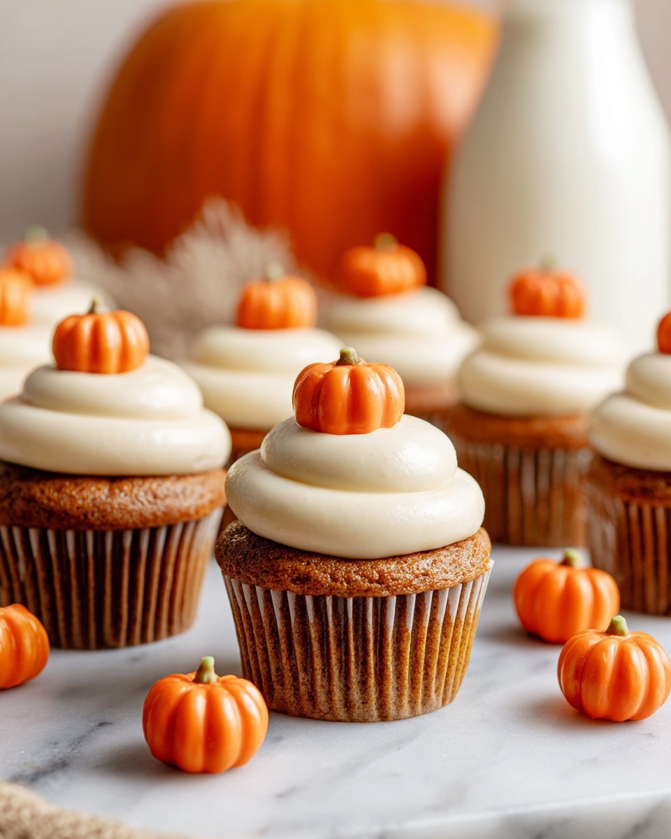 The image shows a group of brown cupcakes with smooth, light cream-colored frosting swirled on top in two thick layers, each topped with a small, bright orange pumpkin decoration. The cupcakes sit on a white marbled surface, with more small pumpkin decorations scattered around them. In the background, there is a blurry large orange pumpkin and a white bottle, adding to the autumn theme. The photo taken with an iphone --ar 4:5 --v 7