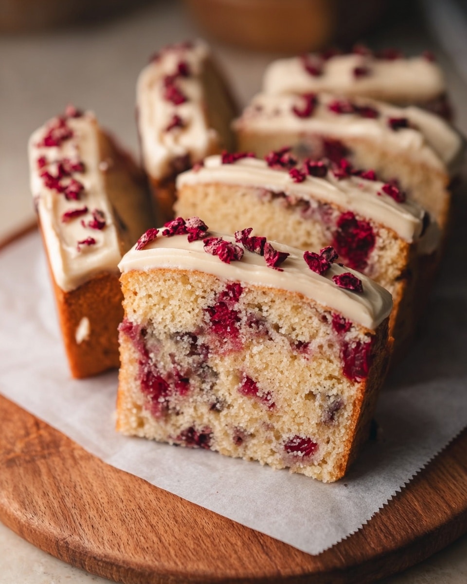 Several slices of cake with visible red berries inside are arranged closely on a wooden board covered with white parchment paper. Each slice has two layers: a pale golden cake base studded with dark red berries and a thick creamy beige frosting layer on top. Small dried red berry pieces decorate the top of the frosting. The background is softly blurred with a warm tone. photo taken with an iphone --ar 4:5 --v 7