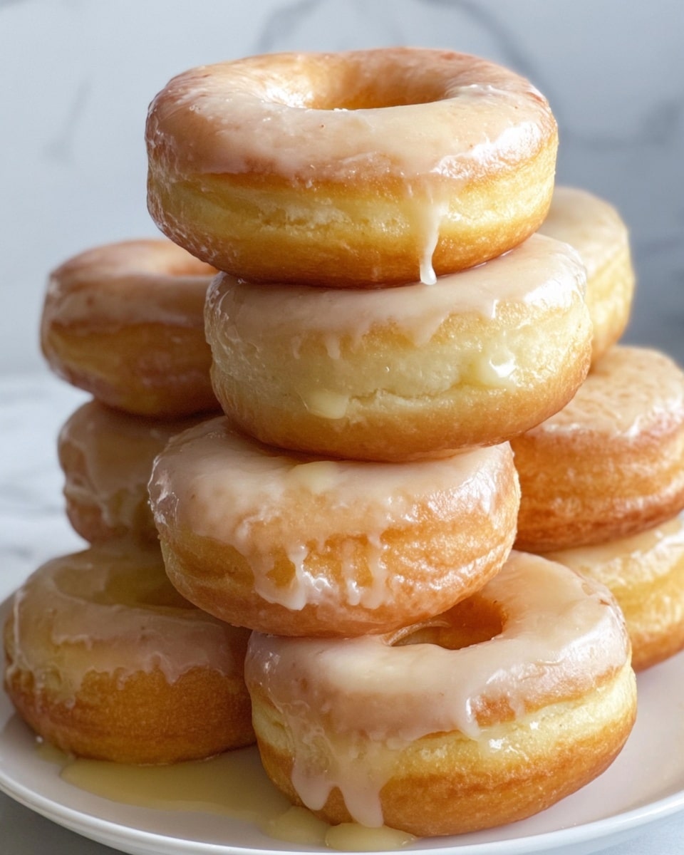 A stack of six round donuts with a smooth light beige glaze covering the top and sides, giving a shiny and slightly wet look. The donuts are thick and fluffy with a golden-brown color under the glaze, showing soft texture and slight browning at the edges. The glaze drips gently over the edges, creating small drip lines and pooling a bit on the white plate beneath the stack. The background is a white marbled surface, enhancing the warm tones of the donuts. photo taken with an iphone --ar 4:5 --v 7