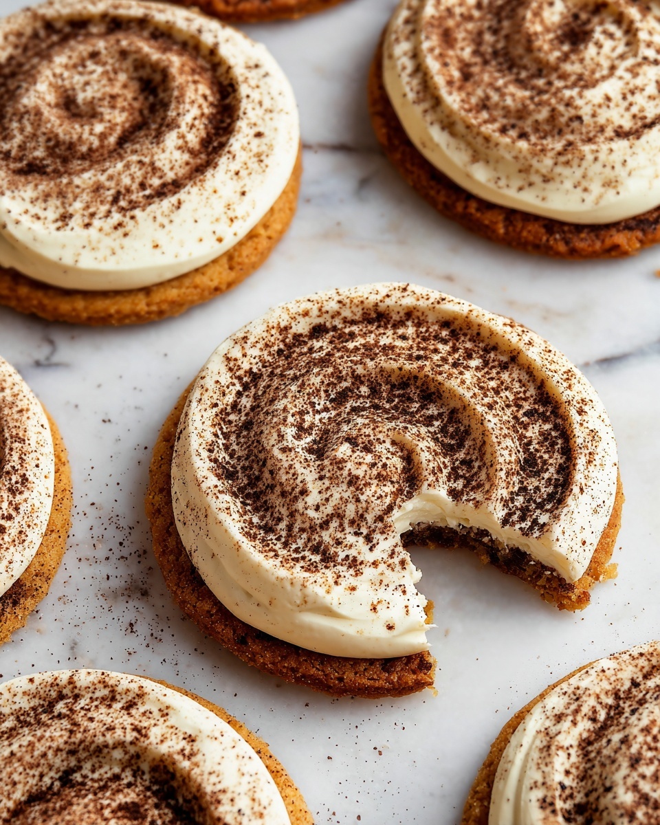 The image shows several round cookies on a white marbled surface, each cookie having two layers. The bottom layer is a golden-brown crispy cookie base. The top layer is a thick, creamy white frosting swirled in a spiral shape and dusted with a dark brown powder, spread evenly across the frosting in a spiral pattern. One cookie is missing a bite, revealing the clear separation between the creamy frosting and the thick cookie base. The cookies are spaced apart in a casual arrangement. Photo taken with an iphone --ar 4:5 --v 7
