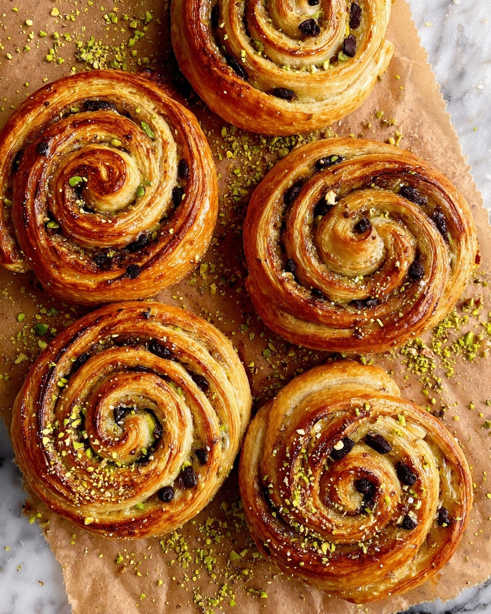 The image shows five golden brown spiraled pastries arranged close together on a piece of brown parchment paper over a white marbled surface. Each pastry has multiple layers of dough rolled in a spiral, with visible layers of green pistachio nuts and small dark chocolate pieces spread evenly throughout. The outer crust is crispy and shiny, while the inner spiral layers look soft and fluffy. Small bits of crushed pistachios are scattered on and around the pastries, adding texture and color contrast. Photo taken with an iphone --ar 4:5 --v 7