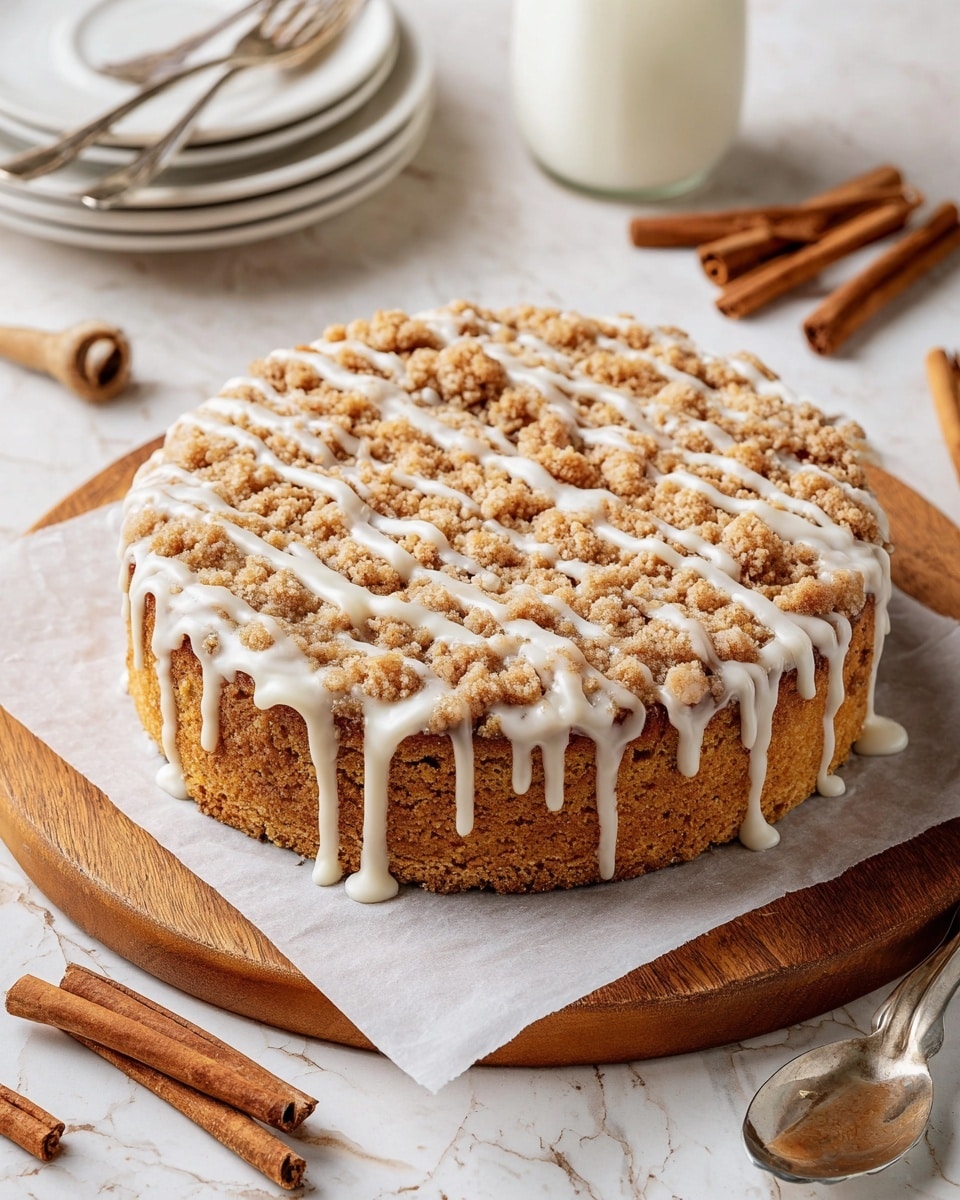 A round cake with two visible layers sits on a white marbled surface. The bottom layer is a thick, dense golden-brown cake, while the top layer consists of a crumbly crumb topping in a similar golden color. White icing is drizzled over the top in thin lines, some running over the edges and dripping down the sides. The cake rests on a sheet of parchment paper placed on a round wooden board. Surrounding the cake are several cinnamon sticks, a spoon with some white icing, stacked white plates with two forks on top, and a glass of milk. Photo taken with an iphone --ar 4:5 --v 7