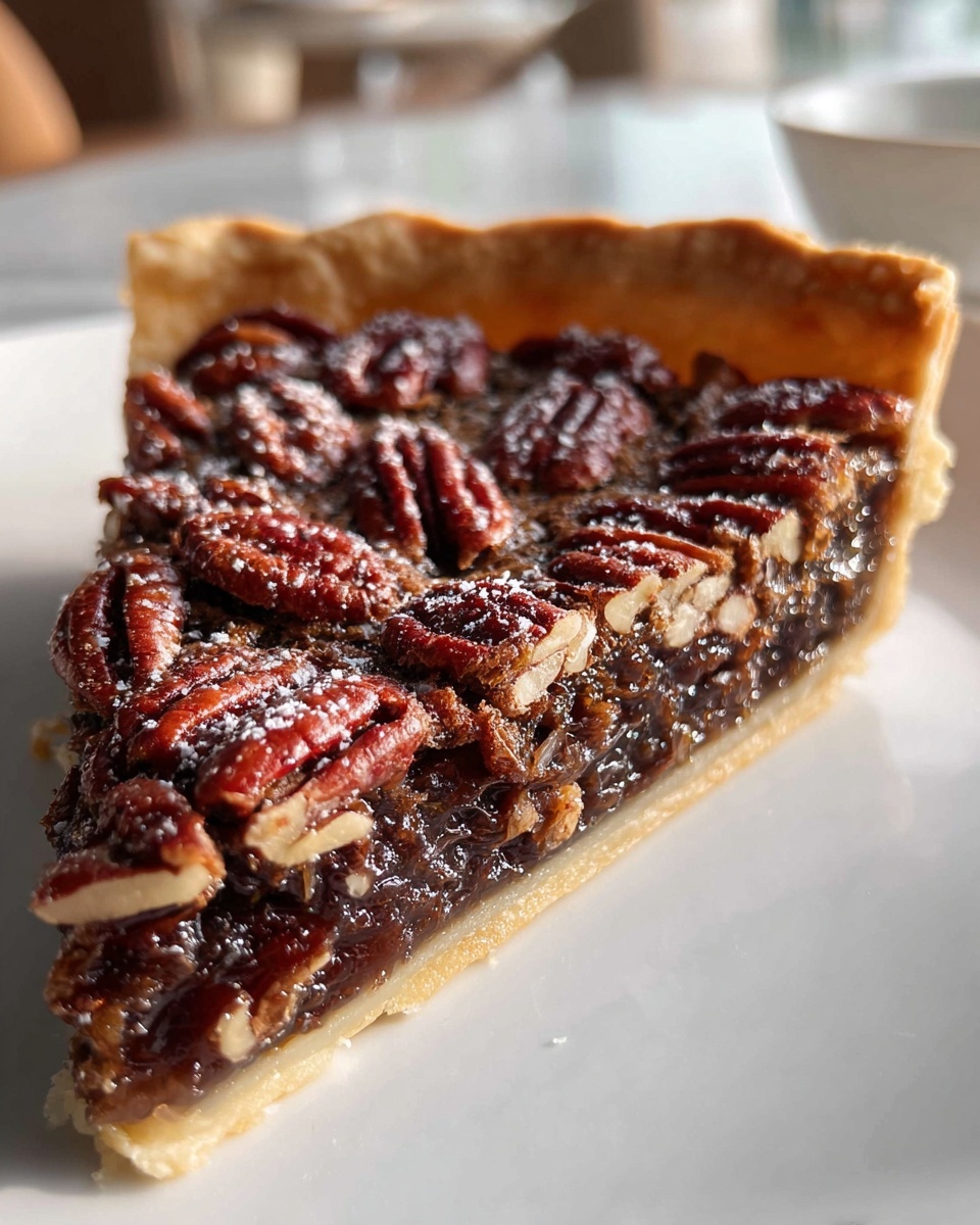 A single slice of pecan pie sits on a white plate with a white marbled background. The pie has three visible layers: a light golden, slightly crumbly crust at the bottom, a thick, dark brown rich filling in the middle that looks smooth and glossy, and a top layer richly covered with shiny, toasted pecan halves arranged closely together. There is a light dusting of powdered sugar gently scattered over the pecans, adding a touch of white contrast. The pie slice is shown in soft natural light, emphasizing the glossy and textured details of the filling and nuts, photo taken with an iphone --ar 4:5 --v 7