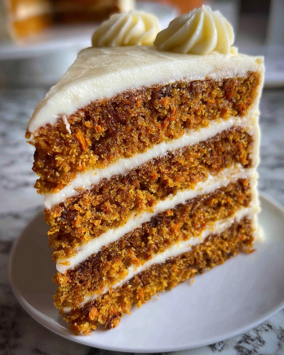 A close-up photo of a three-layer carrot cake slice on a white plate. Each cake layer is moist and golden-brown with a slightly crumbly texture, separated by thick, creamy white frosting layers. The frosting also covers the top and edges of the slice with a smooth surface and small swirled peaks on top. The background shows a soft focus with a white marbled surface beneath the plate. Photo taken with an iphone --ar 4:5 --v 7