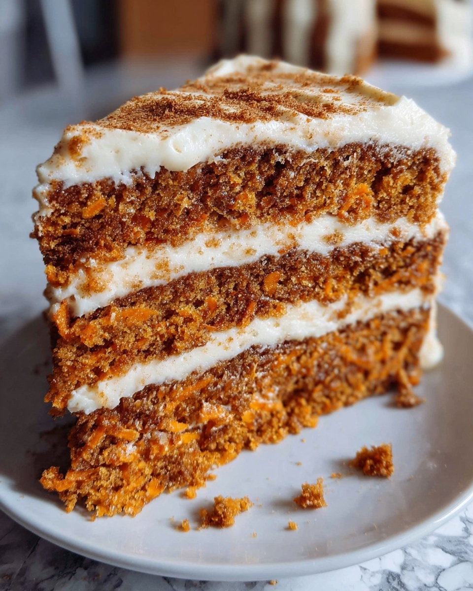 A close-up of a slice of three-layer carrot cake on a white plate, showing rich, moist, orange-brown cake layers with visible bits of carrot texture. Between each cake layer is a thick, creamy white frosting spread evenly. The top of the cake slice is topped with a smooth layer of the same creamy white frosting sprinkled with a light dusting of brown spice, likely cinnamon or nutmeg. The slice appears soft and dense, with some crumbs around the plate edge. The background is a blurred white marbled texture, giving focus to the cake. Photo taken with an iphone --ar 4:5 --v 7