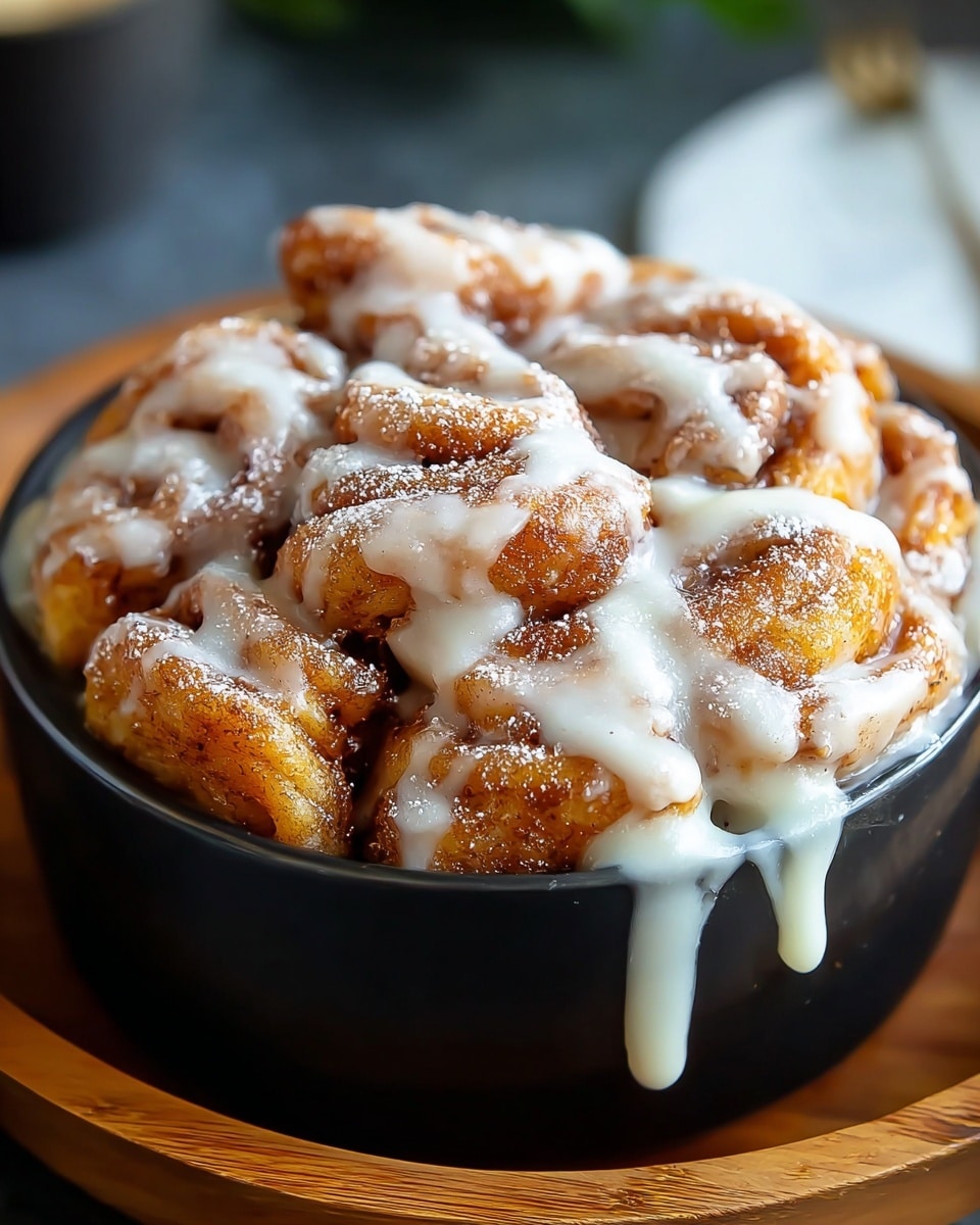 A close-up view of a black bowl filled with many soft, golden-brown pieces of cinnamon roll dough covered by a thick, creamy white icing that drips down the sides of the pieces. The cinnamon rolls are stacked tightly to fill the bowl, and a light dusting of powdered sugar is sprinkled on top. The bowl sits on a wooden tray, set on a white marbled surface with a blurred background. photo taken with an iphone --ar 4:5 --v 7