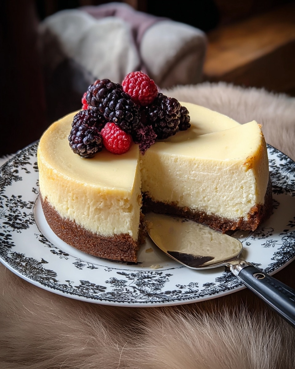 A round cheesecake with two visible layers: a thick, smooth, creamy light yellow top layer and a darker, textured brown crust layer at the bottom. One slice is missing, showing the soft and fluffy inside texture. On top of the cheesecake, there is a small pile of mixed fresh berries including blackberries and raspberries in black, deep purple, and red colors. The cheesecake is on a white plate with black floral patterns, placed on a light brown furry surface. Next to the cheesecake is a silver cake server with a black handle. Photo taken with an iphone --ar 4:5 --v 7