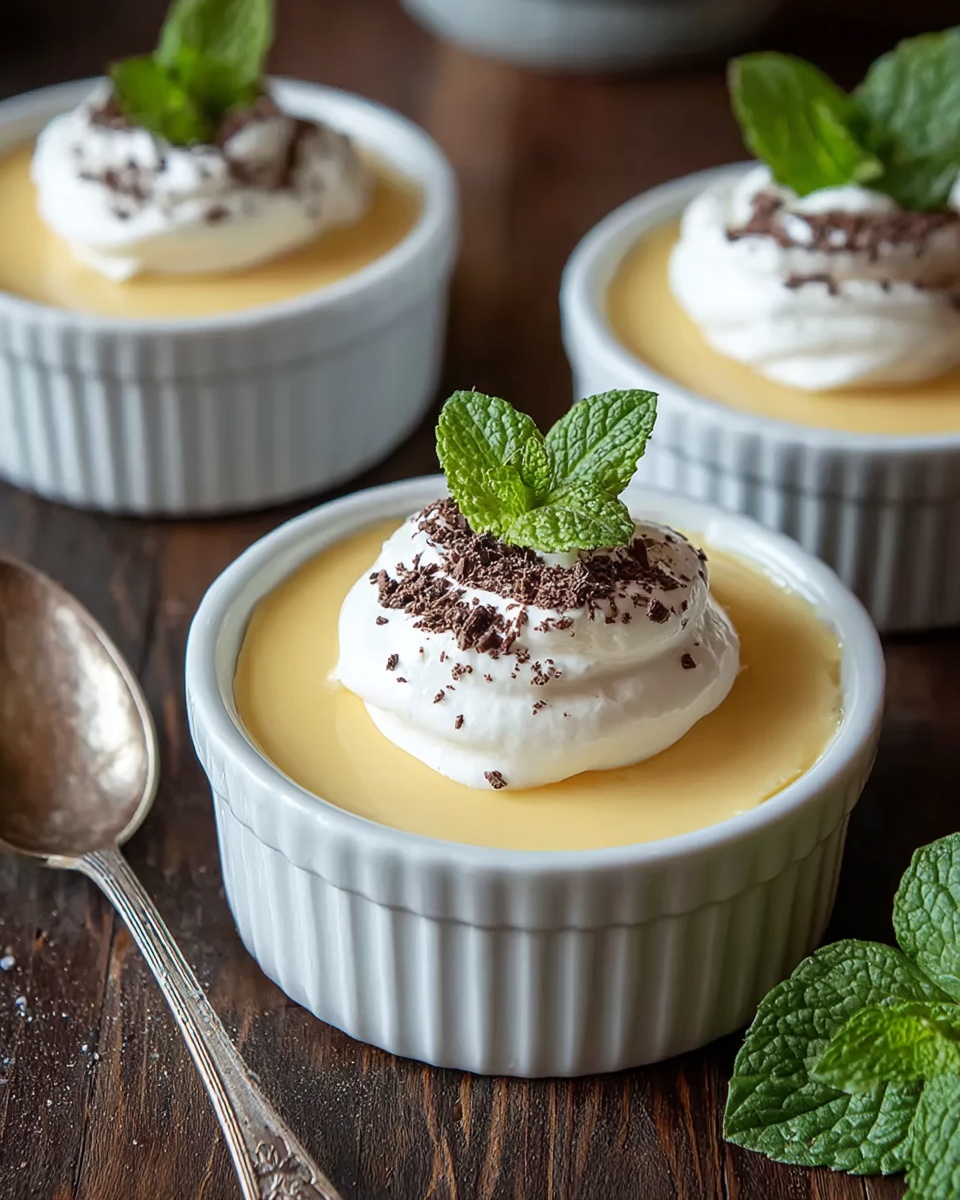 The image shows three white ceramic ramekins filled with smooth, pale yellow pudding. Each ramekin has a dollop of white whipped cream on top. The closest ramekin in the foreground is decorated with chocolate crumbs sprinkled on the whipped cream and a small fresh green mint leaf placed on top. The other two ramekins in the background are similarly topped with whipped cream and a mint leaf but without the chocolate crumbs. The dishes are placed on a dark wooden surface with a vintage silver spoon to the left of the front ramekin. A green mint leaf lies on the surface to the right. photo taken with an iphone --ar 4:5 --v 7