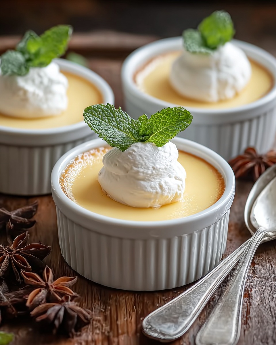The image shows three white ramekins filled with a smooth, pale yellow pudding layer that fills most of each ramekin. On top of each pudding is a dollop of white whipped cream with a small fresh mint leaf placed neatly on the cream. The ramekins sit on a dark wooden surface with a few pieces of dark brown star anise around them, and two silver spoons rest to the right side. The background is softly blurred, focusing on the closest ramekin at the front. photo taken with an iphone --ar 4:5 --v 7