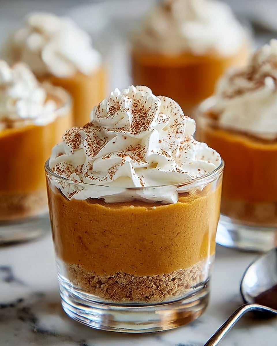 A clear glass cup holds a dessert with three layers: a bottom thin layer of crumbly light brown crust, a thick middle layer of smooth, deep orange pumpkin filling with visible tiny brown specks, and a top layer of white whipped cream swirled high, sprinkled with light brown cinnamon powder. The dessert sits on a white marbled surface with blurred similar cups in the background and a shiny silver spoon to the side. Photo taken with an iphone --ar 4:5 --v 7